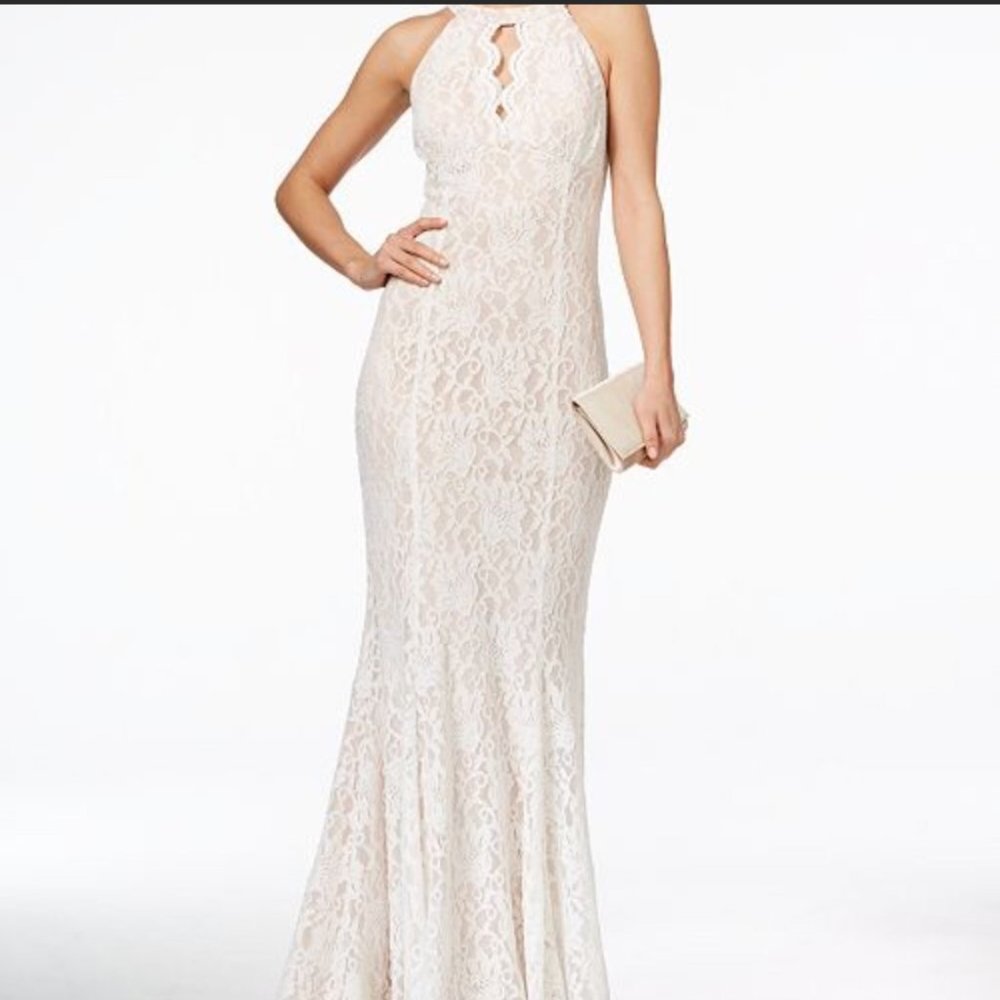 Nightway Lace Keyhole Halter Gown Maxi Mermaid Wedding Dress Ivory/Nude Size 8